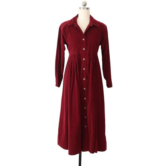 Vintage Dresses & Skirts - vintage 90s burgundy corduroy shirt dress 2p petite button holiday soft red vtg